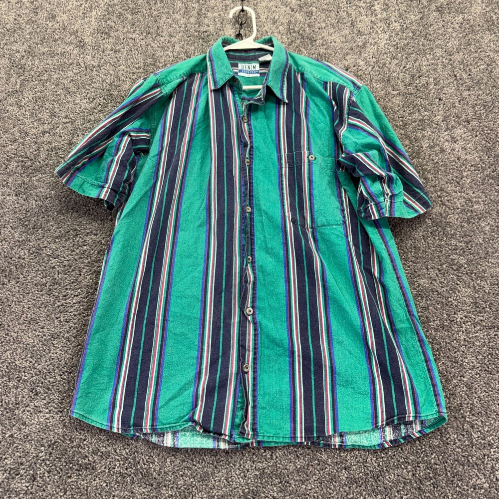 Denim Express Button Up Shirt Mens M Green Striped Short Sleeve